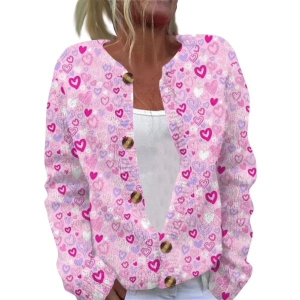 Women's Fashion Printed Valentine's Day Long Sleeved Knitted Cardigan Button - Image 23