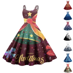 Women's Christmas Fashion Strapless Punk Printed Gothic Cocktail Dress Sexy