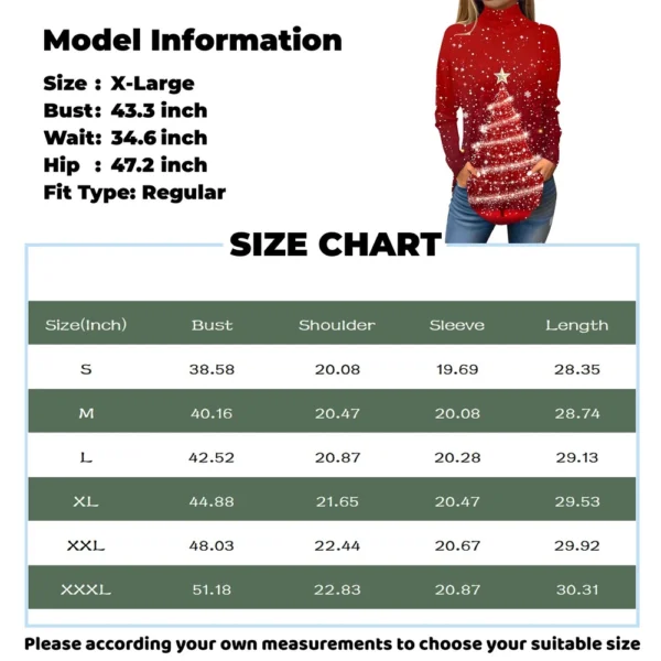 Women's Casual Christmas High Neck Pullover Long Sleeve Fashion Printed T-Shirt - Image 18