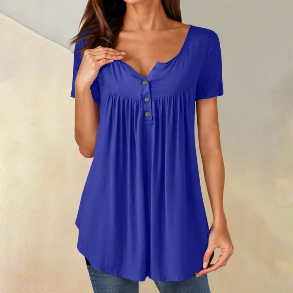 Women Tunic Tops Dressy Casual Summer Short Sleeve Shirts Loose Fit Pleated - Image 28
