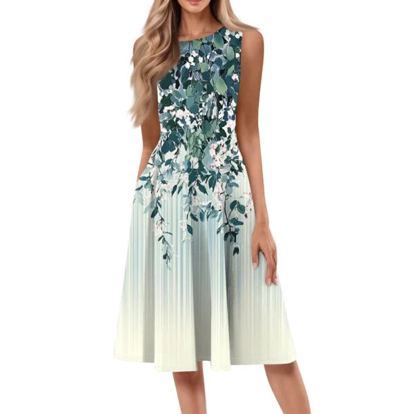 Women's Casual Fashion Floral Print Round Neck Sleeveless Solid Color Midi Dress - Image 6
