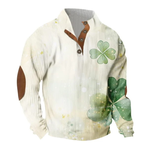 Knit Printed 3 Button - Corduroy Men's Standing Collar Pocket Sweatshirt - Image 2