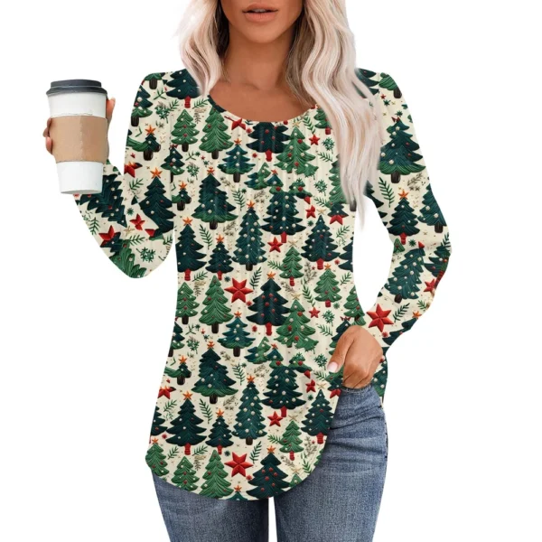Women's Christmas Pleated Top Round Neck Casual Printed Long Sleeved T-Shirt - Image 28