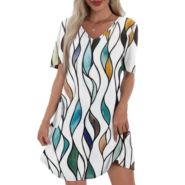 Women's Casual And Fashionable V-neck Short Sleeve Printing Mid Length Dress - Image 29