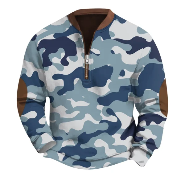 Men's Fashion Casual Half Zip Neck Loose Long Sleeve Camouflage Sweatshirt - Image 2