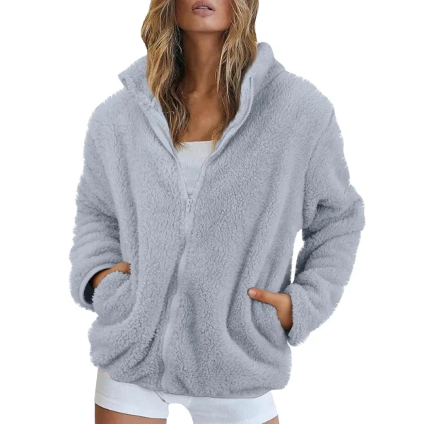 Women's Solid Color Loose High Neck Long Fleece Plush Warm Zipper Jacket - Image 35