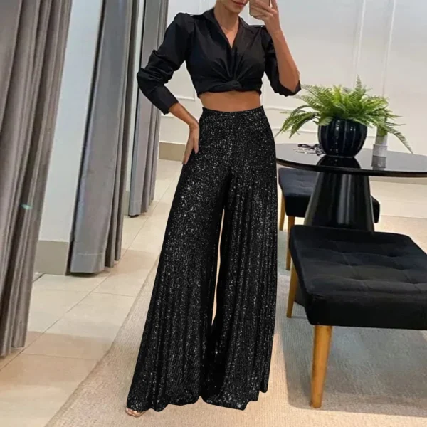 Women's Fashion Casual High Waist Thin Trousers Solid Colour Sequin Wide Leg - Image 13