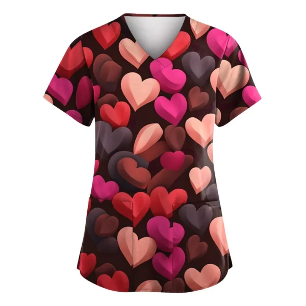 Women's Valentine's Day Printed  Uniform Work Uniform V-Neck Pocket Protective - Image 19