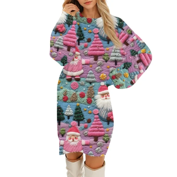 Women's Round Neck Casual Long Sleeve Plush Christmas Printed Dresses - Image 31
