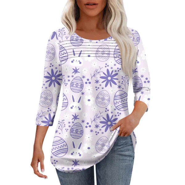 Women's Fashion Round Neck Pleated Front Placket Print 3/4 Sleeve Top - Image 3