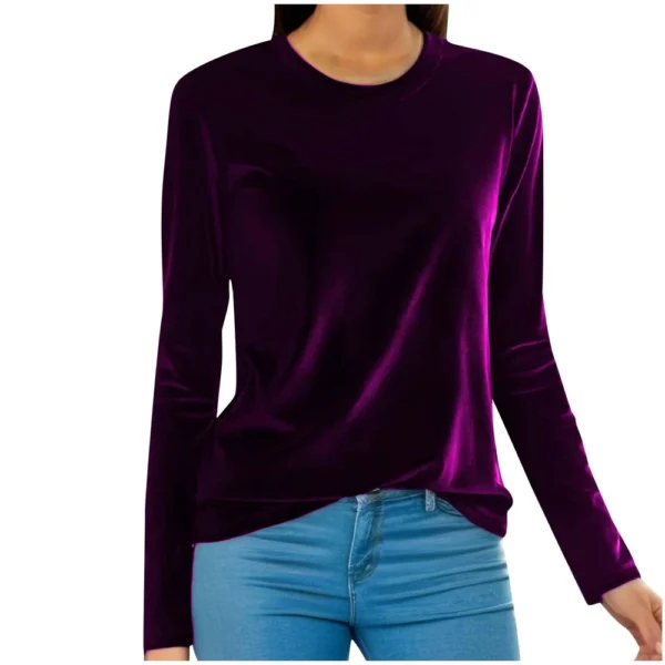 Women's Fashion Golden Velvet Solid Colour Round Neck Long Sleeve T-Shirt Top - Image 34