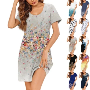 Womens Summer Dresses Short Sleeve Linen Casual T-Shirt Dresses Swing Beach