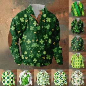 Knit Printed 3 Button - Corduroy Men's Standing Collar Pocket Sweatshirt