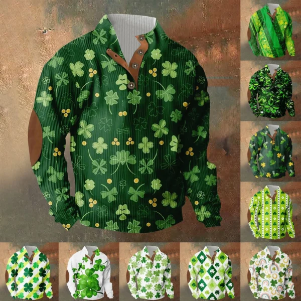 Knit Printed 3 Button - Corduroy Men's Standing Collar Pocket Sweatshirt