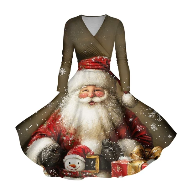 Women's Casual V-Neck Slim Fashion Christmas Long Sleeve Printed Dresses - Image 56