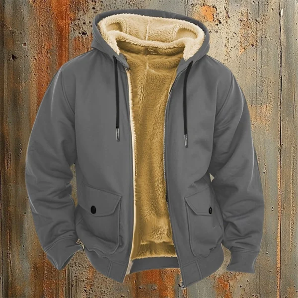 Men's Casual Zippered Pocket Hooded Jacket Men's Solid Color Fashion Warm Jacket - Image 37
