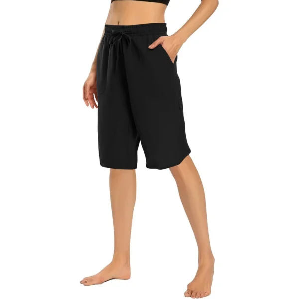 Womens Casual Cotton Hemp High Waist Drop Wide Legs With Drawstring Fifth Pants - Image 11