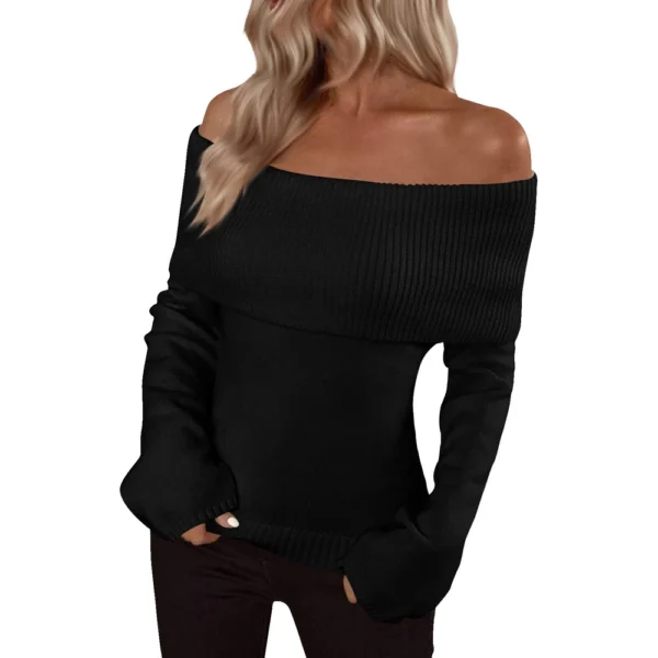 Pullover Jumper Tops Womens Off Shoulder Fold Over Sweater Knit Fall Sweaters - Image 17