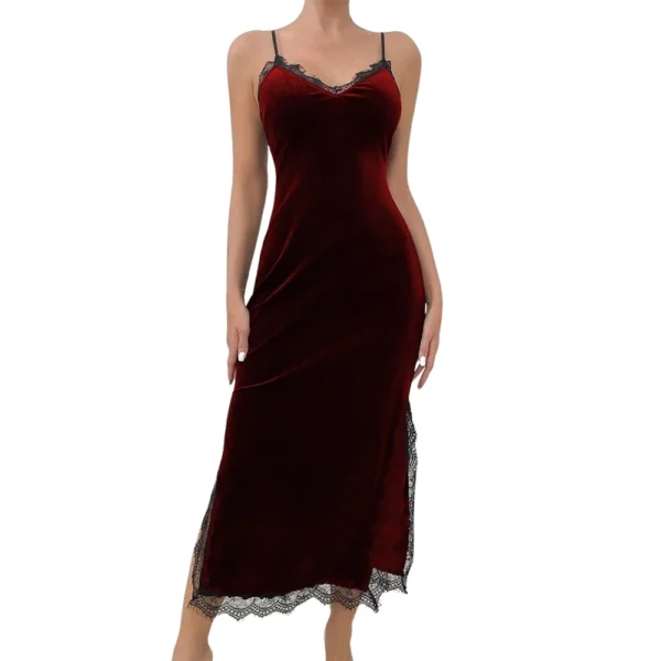 Ladies' Sexy Deep V-velvet Lace Long Suspender Home Nightgown - Image 20