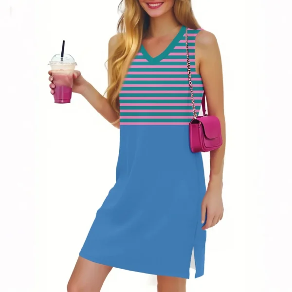 Women's Casual Fashion Sexy V-neck Sleeveless Striped Hem Slit Dress - Image 34