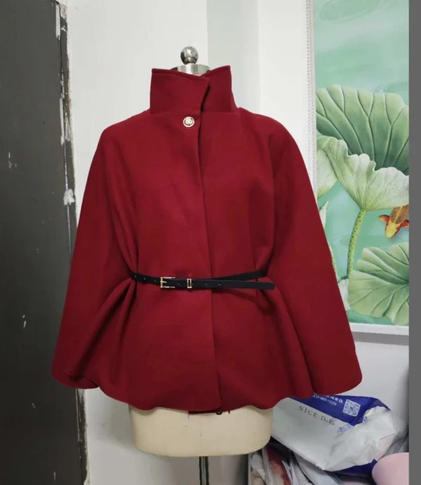Women's Fashion Solid Waist Tie Woolen Cape Coat - Image 7