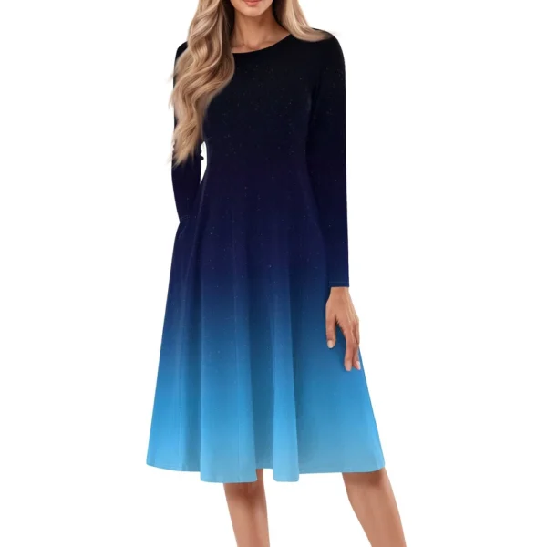 Women's Casual Fashion Round Neck Long Sleeve Print Midi Dress - Image 32