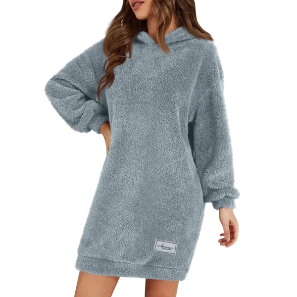 Women's Fashion Hooded Long Sleeve Plush Dress Solid Color Casual Sweatshirt - Image 20
