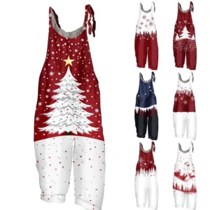 Women's Loose Vintage Shoulder Strap Print Casual Jumpsuit Christmas