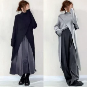 Split knit mid-length sweater for women