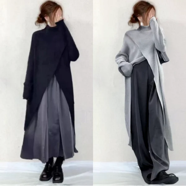 Split knit mid-length sweater for women