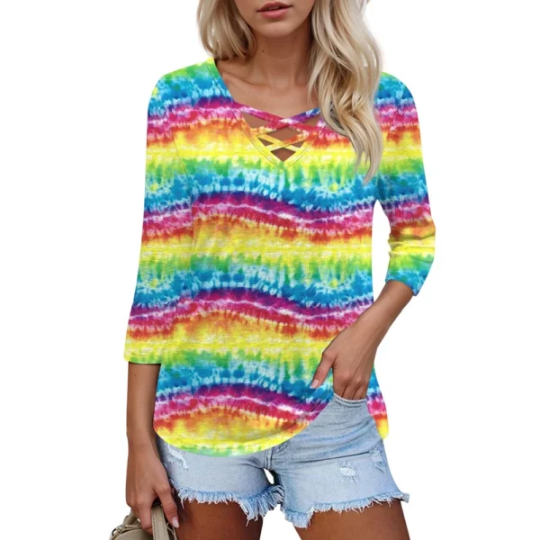Women's Fashion Loose Cross V-Neck Seven Sleeve T-Shirt Vintage Floral Print - Image 11