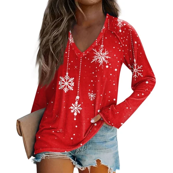 Women's Comfortable V-Neck Casual Long Sleeved Top Christmas Printed T-Shirt - Image 38