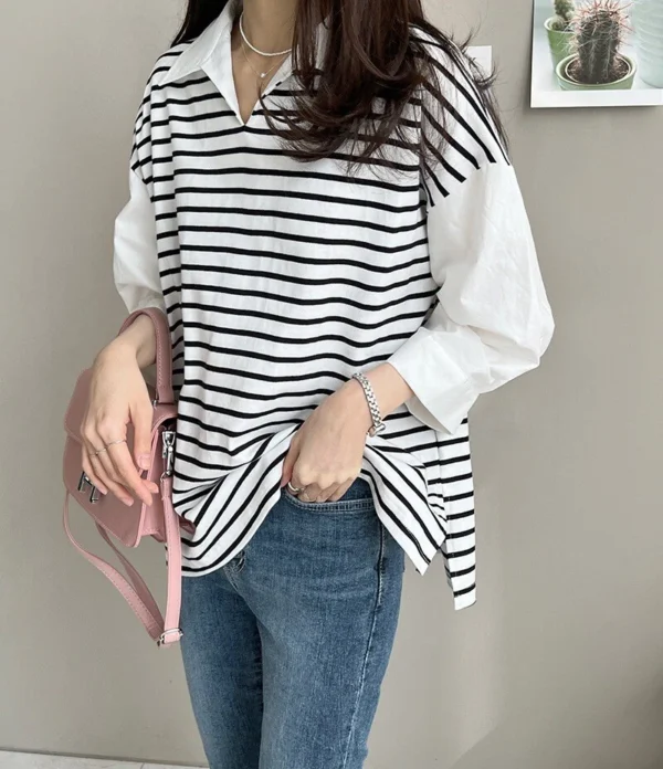 Women's Loose Striped Shirt Collar Women's Top - Image 8