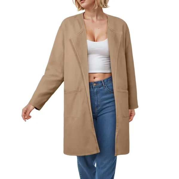 Ladies Solid Color Lapel Cardigan Tweed Cotton Coat Long Sleeve Jacket With - Image 19