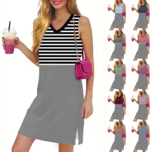 Women's Casual Fashion Sexy V-neck Sleeveless Striped Hem Slit Dress