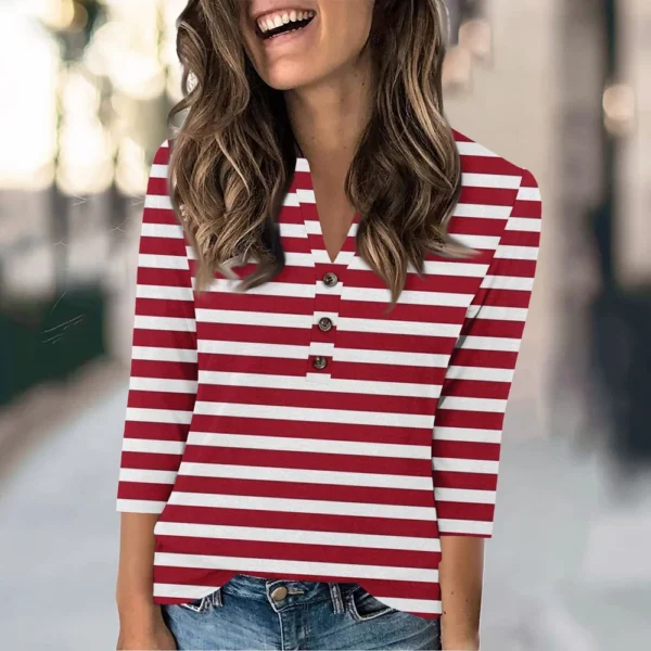 Women's Fashion Casual Loose 3/4 Sleeve Striped Printed Round Neck Top - Image 46