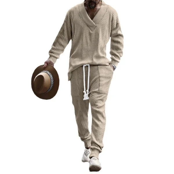Men's casual trousers V-neck jacquard knit suit - Image 4