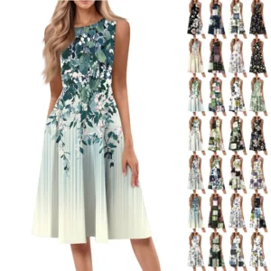 Women's Casual Fashion Floral Print Round Neck Sleeveless Solid Color Midi Dress