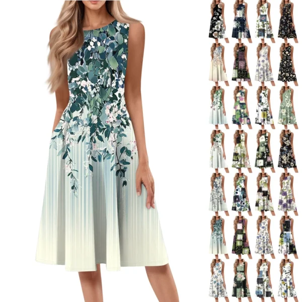 Women's Casual Fashion Floral Print Round Neck Sleeveless Solid Color Midi Dress