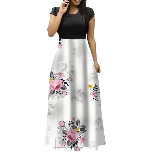 Women's Fashion Casual Loose Printed Round Neck Short Sleeve Long Dresses - Image 35