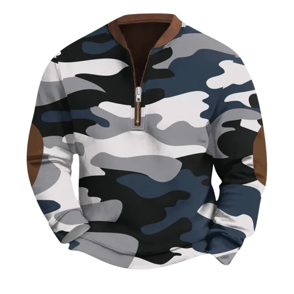 Men's Fashion Casual Half Zip Neck Loose Long Sleeve Camouflage Sweatshirt - Image 4