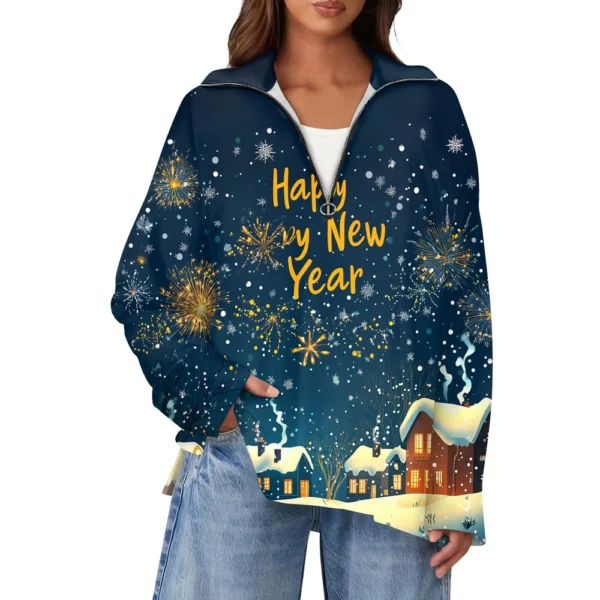 Women's Casual Half Zipper Lapel Christmas Printed Pullover Top Side Slit - Image 34