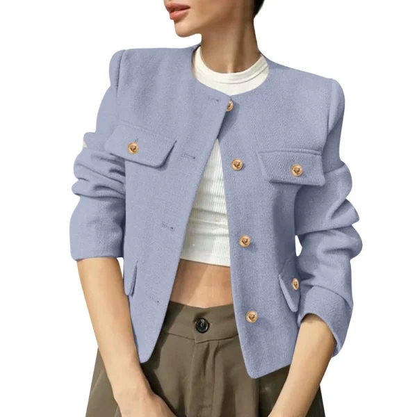 Women's Solid Color Round Neck Fashionable Button Decorated Short Jaket - Image 11