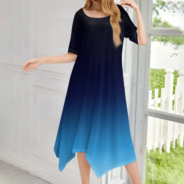 Women's Casual Fashion Round Neck Short Sleeve Print Irregular Hem Midi Dress - Image 37