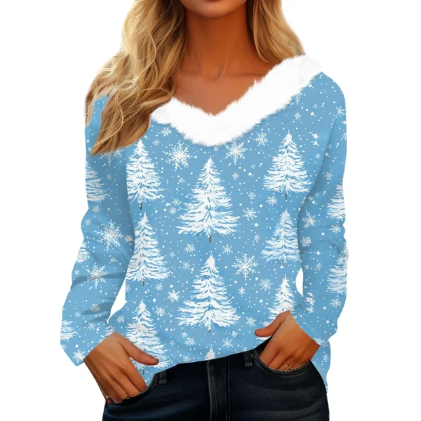 Women's Christmas Shirt Fleece Collar T Shirt Party V Neck Long Sleeve Top - Image 6