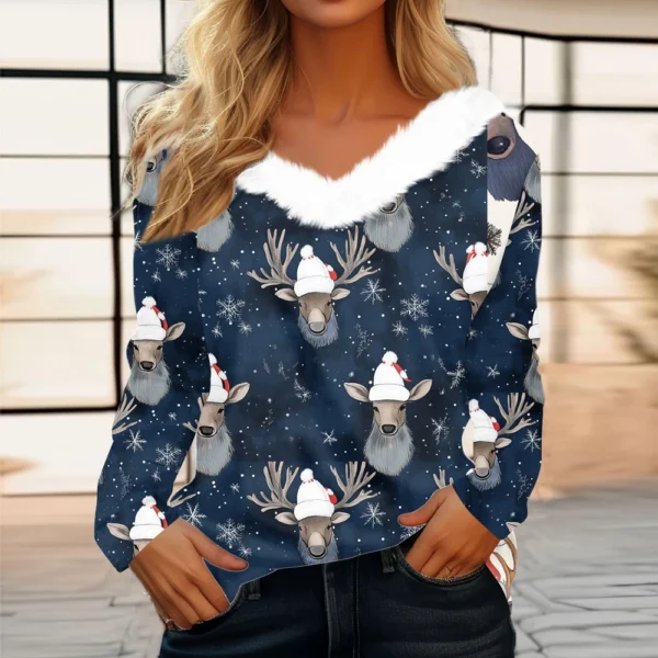 Women's Long Sleeve Christmas Printed Party Plush Neck Wide Casual V-Neck Top - Image 16
