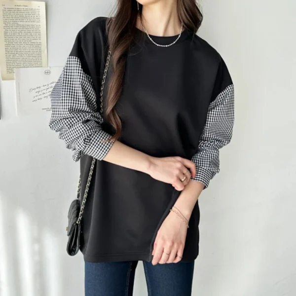 Striped Plaid Sleeves Splicing Long Sleeve Shirt Top - Image 10