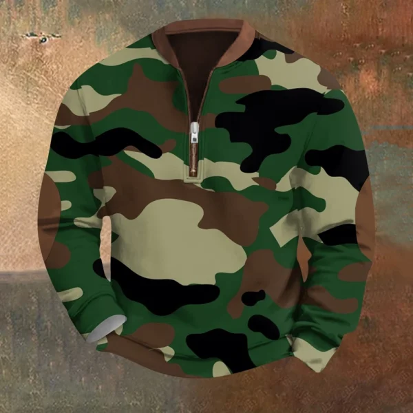 Men's Fashion Casual Half Zip Neck Loose Long Sleeve Camouflage Sweatshirt - Image 25