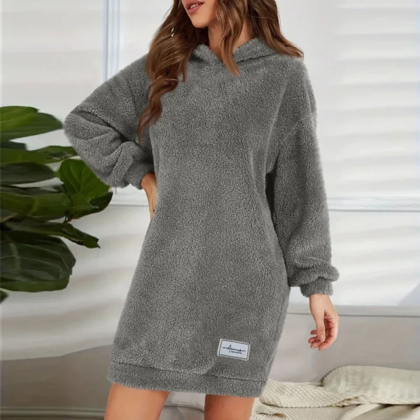 Women's Fashion Hooded Long Sleeve Plush Dress Solid Color Casual Sweatshirt - Image 31