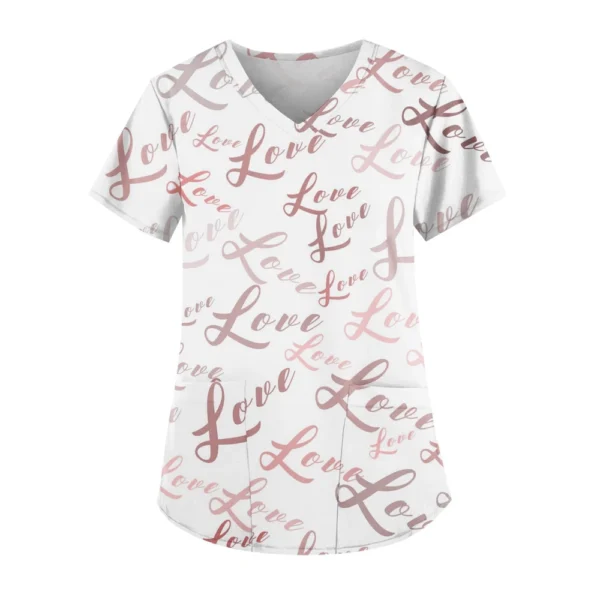 Women's Cute Printed Work Clothes V-neck Double Layer Pockets Basic Short - Image 55